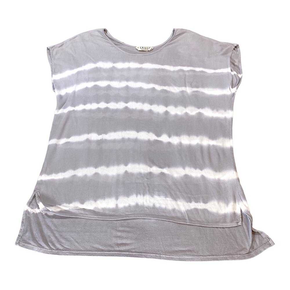 Tryst Matthew Shirt Womens L Gray Batik Tie Dye Tee Hi Low Hem Boho Hippie Gypsy